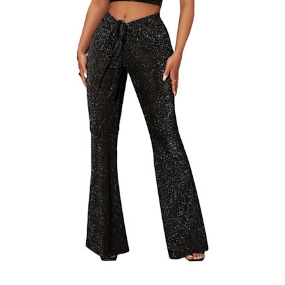 SOLY HUX Metallic Sequin Tie Front Elastic Waist Flare Leg Bottom Disco Pants XL